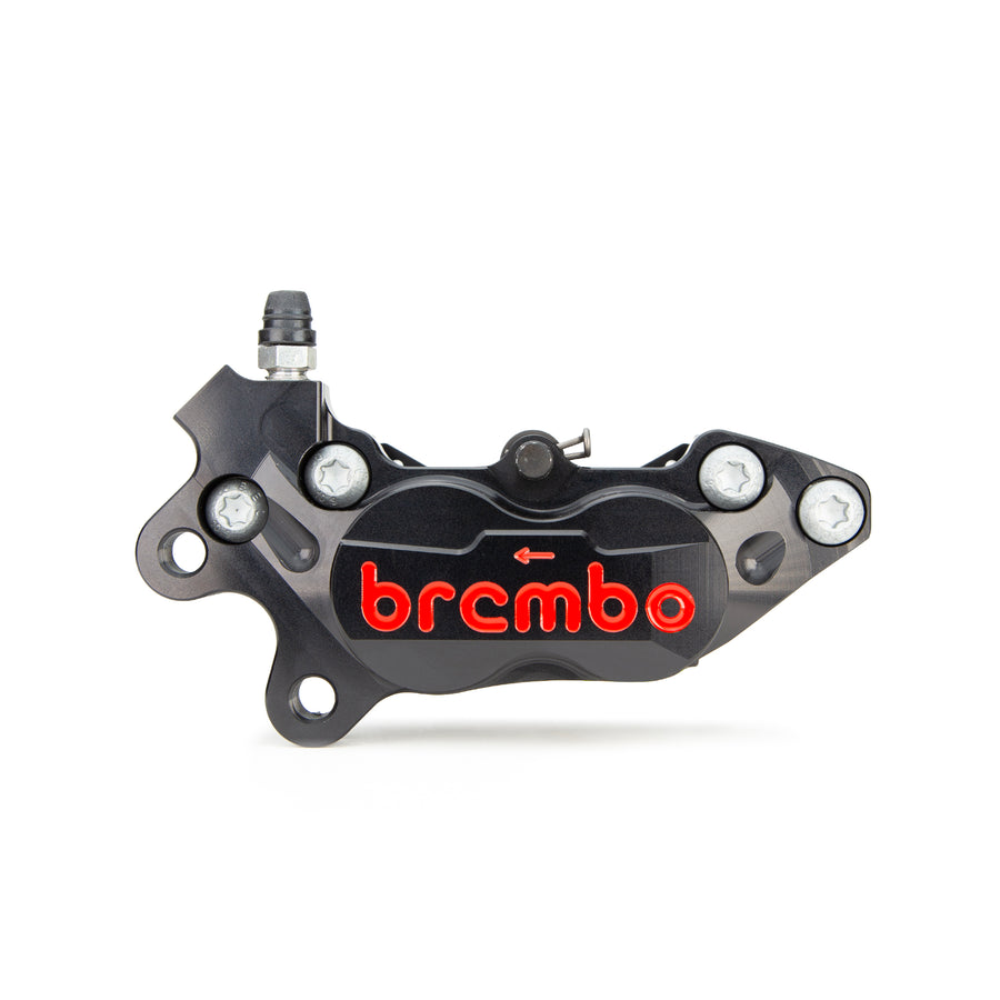 Brembo Brake Caliper, Left, P4 30/34mm A, P4-40RR w/ Organic Pads Shape D, Billet 2-Piece, 40mm Axial Mount, Front, Black Anodized with Red Lettering