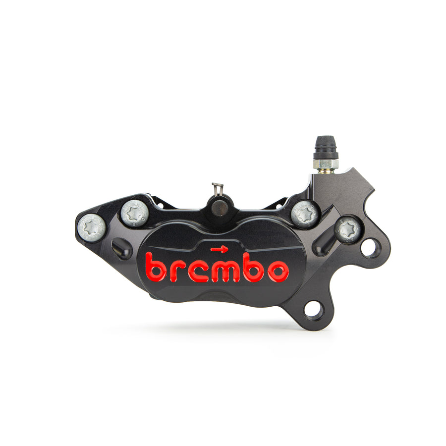 Brembo Brake Caliper, Right, P4 30/34mm A, P4-40RR w/ Organic Pads Shape D, Billet 2-Piece, 40mm Axial Mount, Front, Black Anodized with Red Lettering