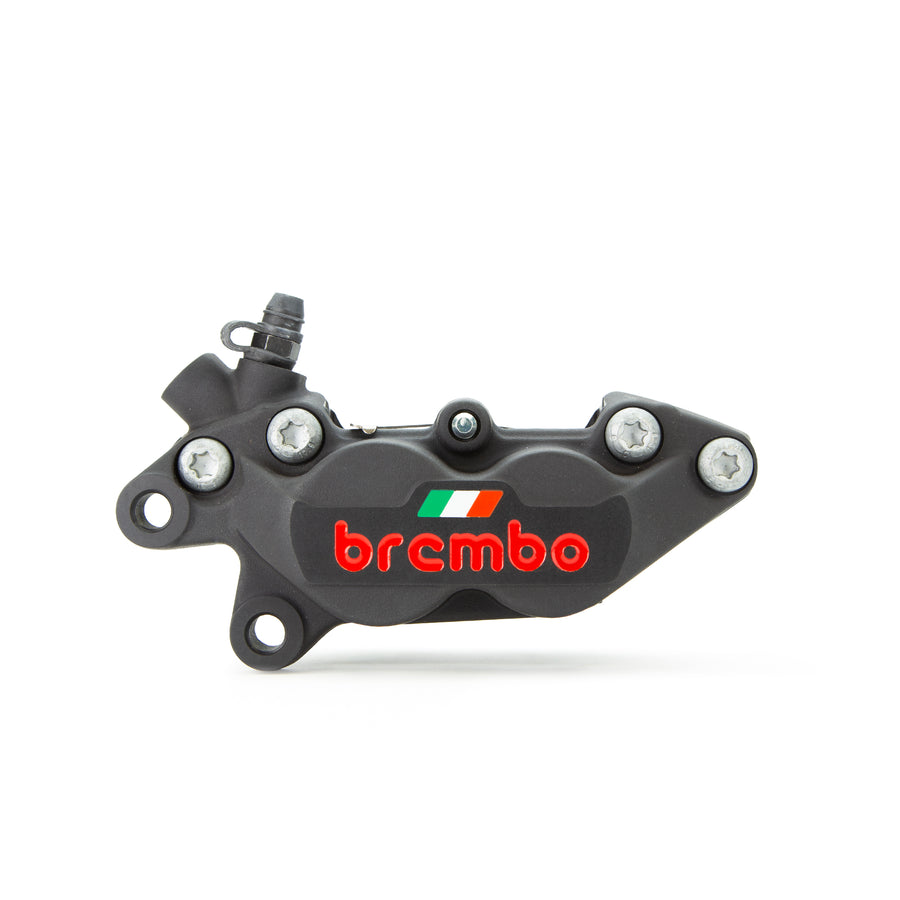 Brembo Brake Caliper, Left, P4 30/34mm C, w/ Organic Pads Shape D, Cast 2-Piece, 40mm Axial Mount, Front, Black Anodizing w/ Painted Red Logo, Italian Flag