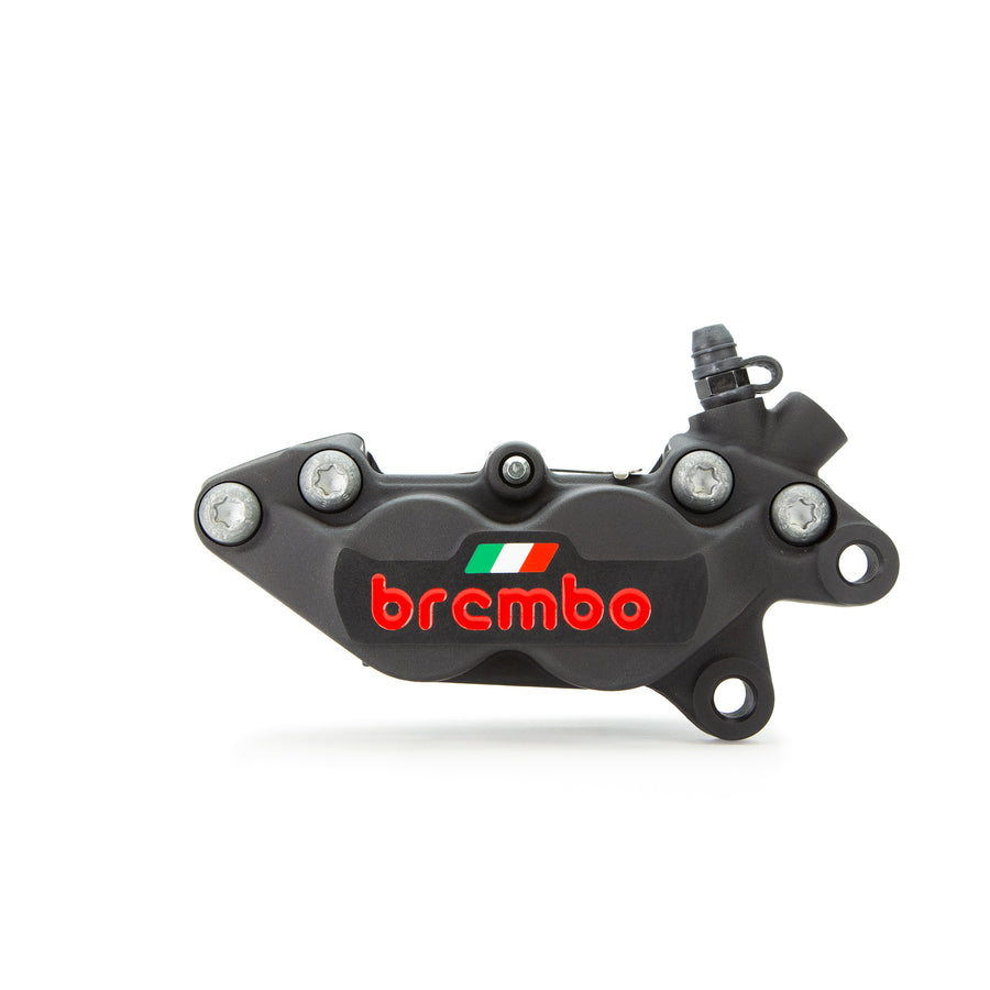 Brembo Brake Caliper, Right, P4 30/34mm C, w/ Organic Pads Shape D, Cast 2-Piece, 40mm Axial Mount, Front, Black Anodizing w/ Painted Red Logo, Italian Flag