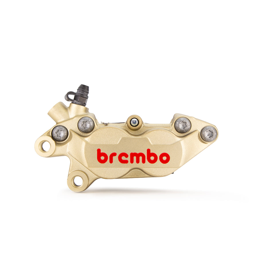 Brembo Brake Caliper, Left, P4 30/34mm C, w/ Organic Pads Shape D, Cast 2-Piece, 40mm Axial Mount, Front, Gold w/ Painted Red Logo