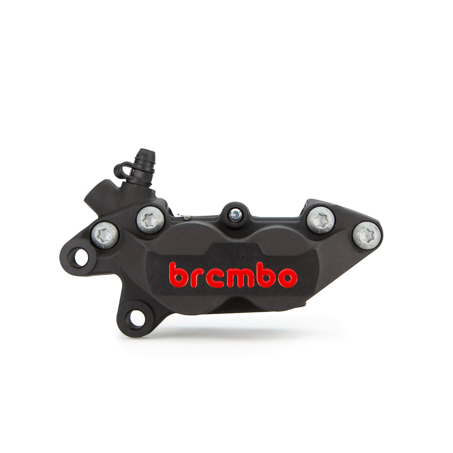 Brembo Brake Caliper, Left, P4 30/34mm C, w/ Organic Pads Shape D, Cast 2-Piece, 40mm Axial Mount, Front, Black w/ Painted Red Logo