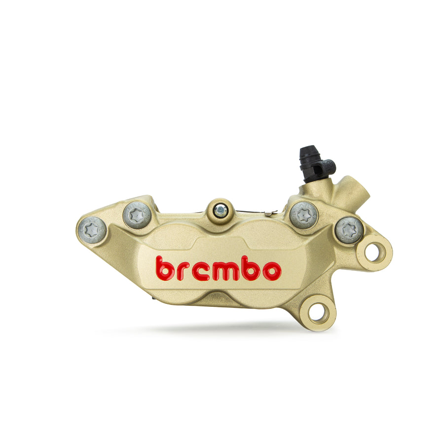 Brembo Brake Caliper, Right, P4 30/34mm C, w/ Organic Pads Shape D, Cast 2-Piece, 40mm Axial Mount, Front, Gold w/ Painted Red Logo