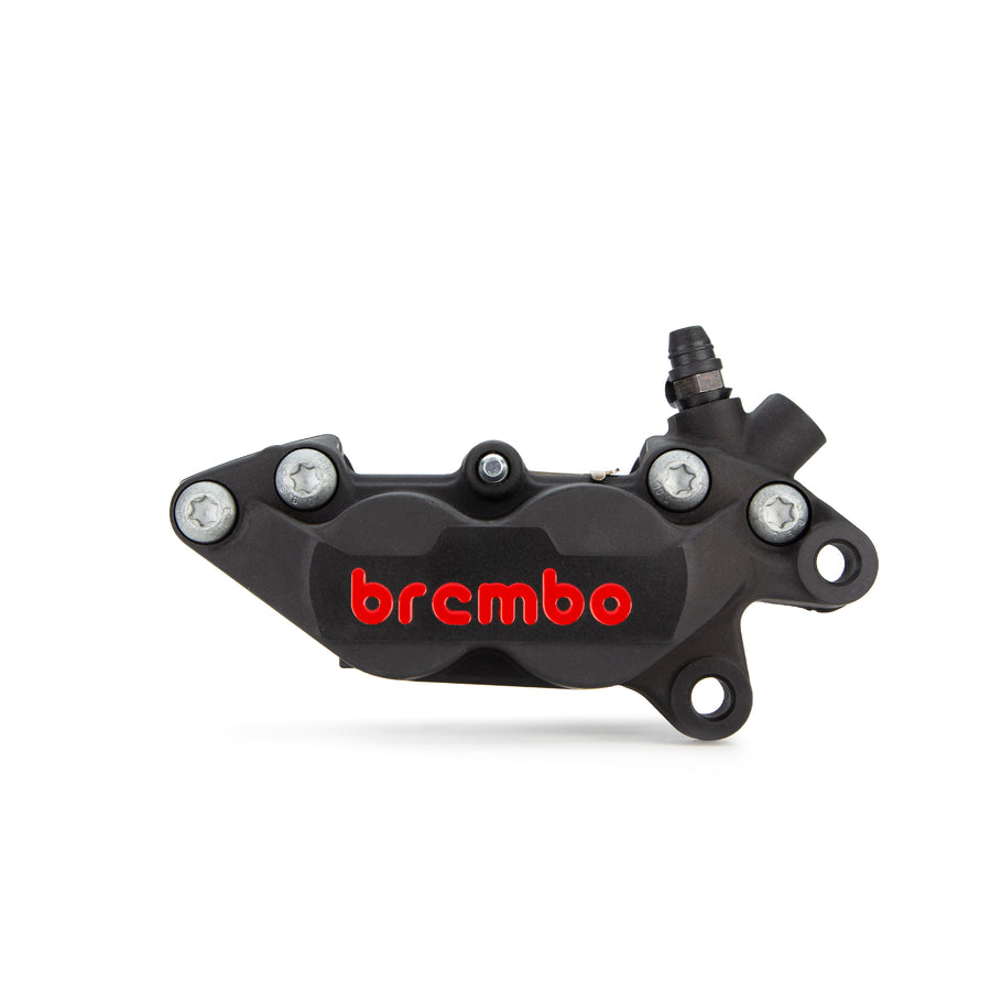 Brembo Brake Caliper, Right, P4 30/34mm C, w/ Organic Pads Shape D, Cast 2-Piece, 40mm Axial Mount, Front, Black w/ Painted Red Logo