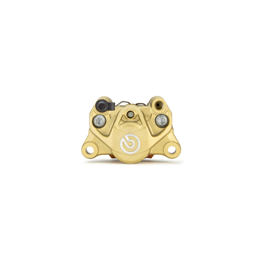 Brembo Brake Caliper, P2 32G w/ Organic Pads Shape S, Cast 2-Piece, 84mm Axial Mount, Right, Rear, Gold