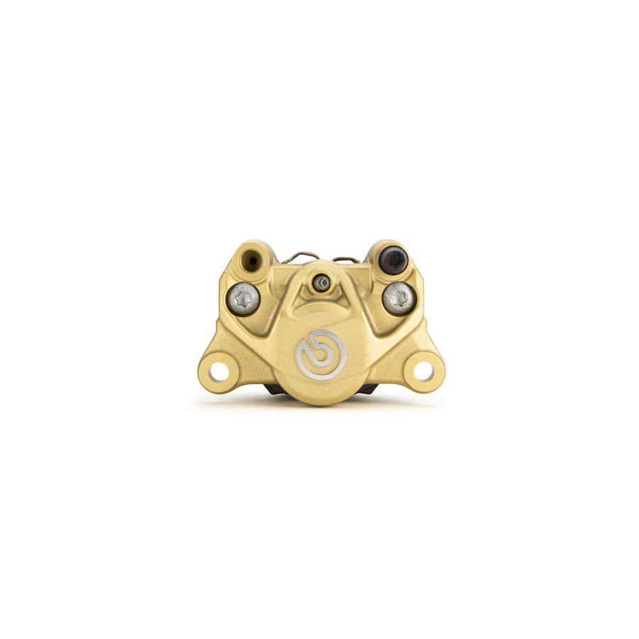 Brembo Brake Caliper, P2 32G w/ Organic Pads Shape S, Cast 2-Piece, 84mm Axial Mount, Left, Rear, Gold