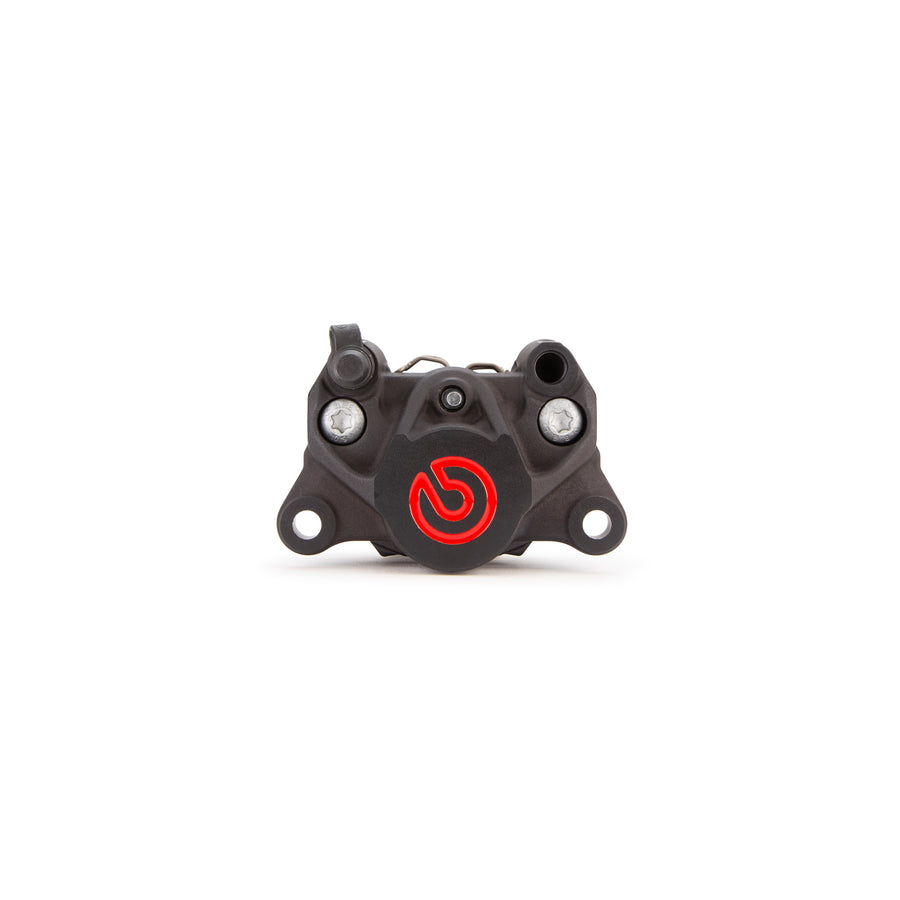 Brembo Brake Caliper, P2 34G, 7.4mm Organic Left Side Bleeder, Cast 2-Piece, 84mm Axial Mount, Rear, Black w/ Painted Red Logo