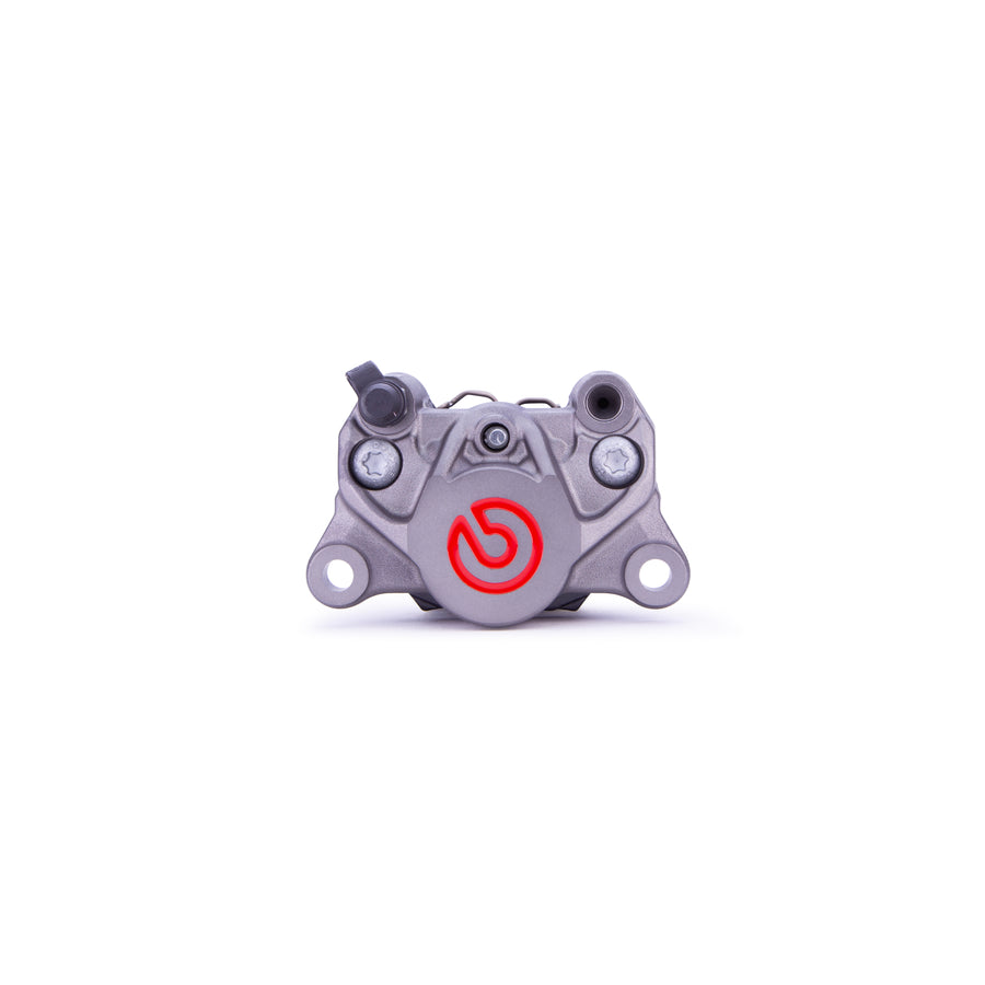 Brembo Brake Caliper, P2 34G, w/ Brake Pads, Left Side Bleeder, Cast 2-Piece, 84mm Axial Mount, Rear, Titanium w/ Painted Red Logo