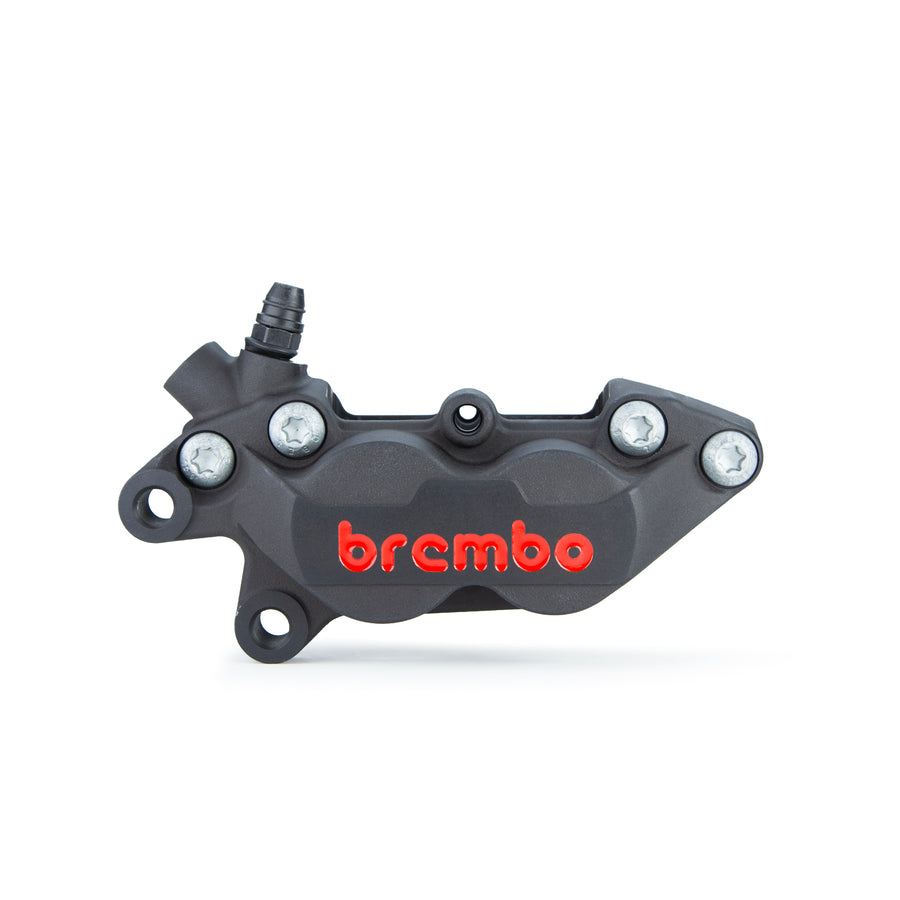 Brembo Brake Caliper, Left, P4 30/34mm C, without Brake Pads, Cast 2-Piece, 40mm Axial Mount, Front, Black w/ Painted Red Logo