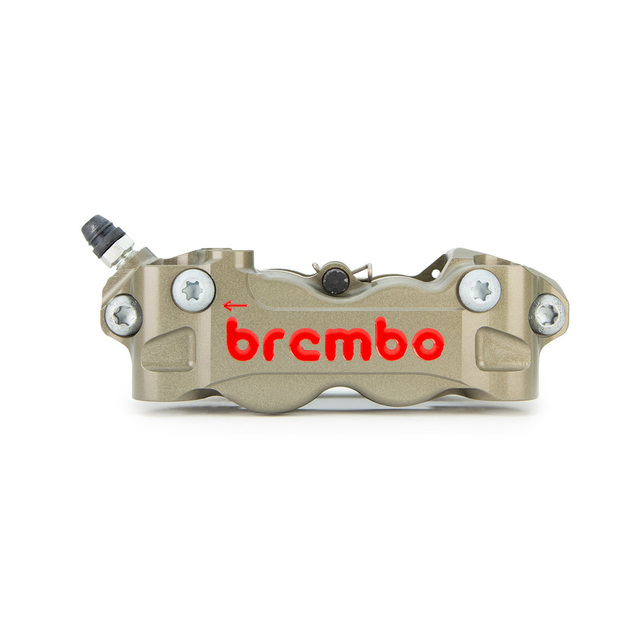 Brembo Brake Caliper, Left, P4 32/36mm, without Pads, Billet 2-Piece, 108mm Radial Mount, Aluminum Pistons, for use w/ Narrow Band Disc, Front, Hard Anodized