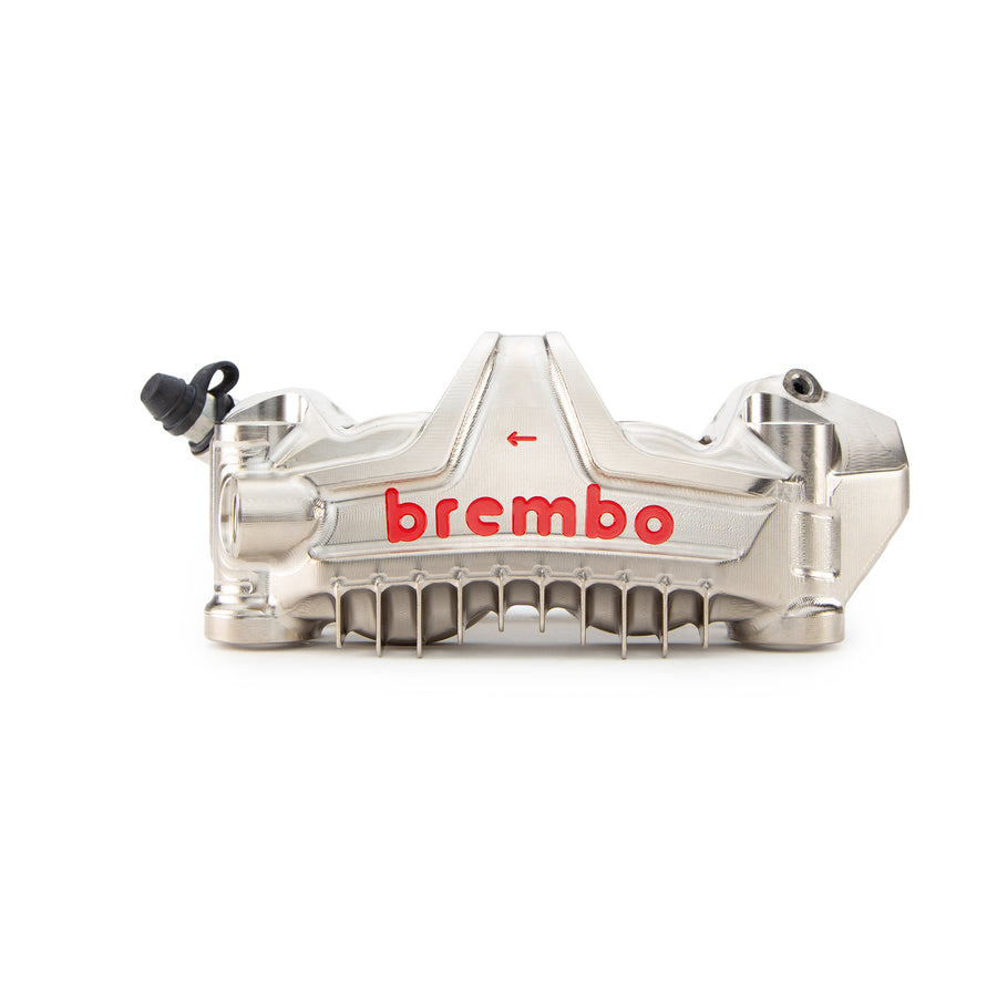 Brembo Brake Caliper, Left, P4 34/38mm, New Moto2, w/o bleeding valves (standard bleed screw fitted) and no anti-drag, without Pads 07B36670, Billet Monobloc, 108mm Radial Mount, for use w/ Narrow Band Disc, Front, 21mm offset, Nickel