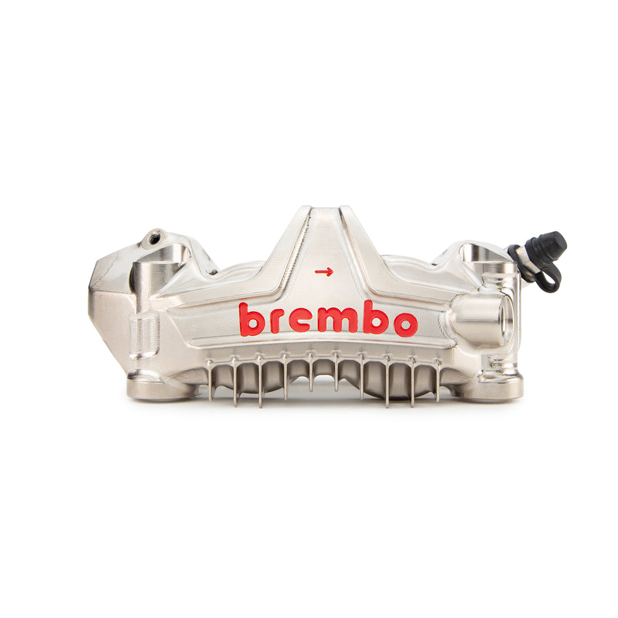 Brembo Brake Caliper, Right, P4 34/38mm, New Moto2, w/o bleeding valves (standard bleed screw fitted) and no anti-drag, without Pads 07B36670, Billet Monobloc, 108mm Radial Mount, for use w/ Narrow Band Disc, Front, 21mm offset, Nickel