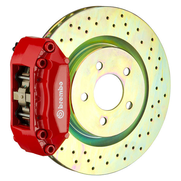 Brembo F caliper, 4-piston 1-piece with 330 mm cross-drilled rotor — Red caliper finish