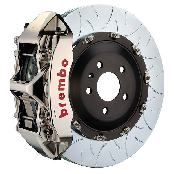 Brembo N caliper, 6-piston 2-piece with 350–380 mm Type 3 slotted rotor — Nickel Plated caliper finish