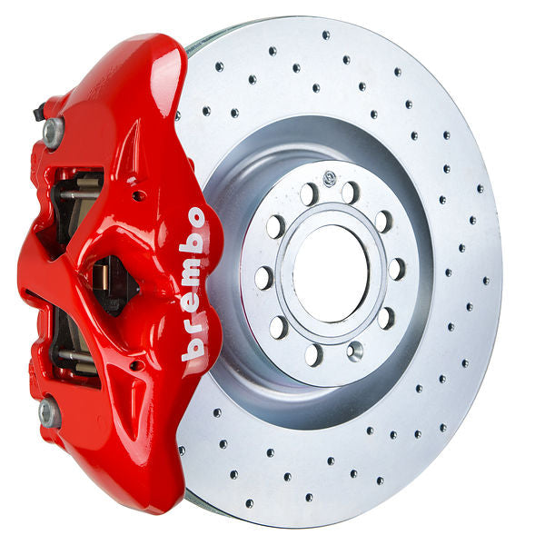 Brembo S caliper, 4-piston 1-piece with 345 mm cross-drilled rotor — Red caliper finish